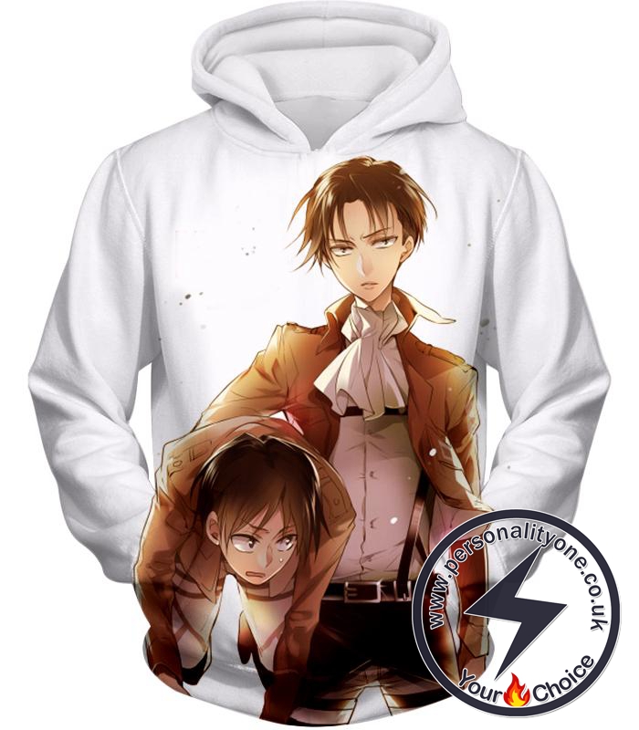 Attack on Titan Captain Levi X Eren Yeager Cool Anime Promo White Hoodie