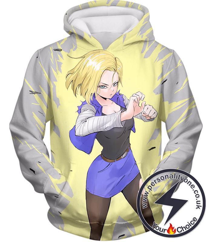 Dragon Ball Super Amazing Fighter Android 18 Cool Action Anime White Hoodie