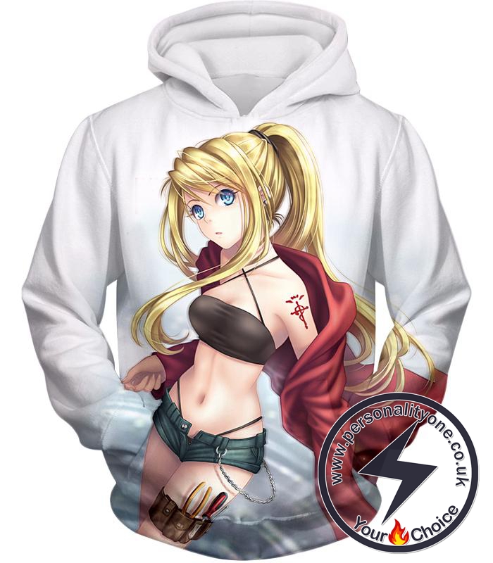 Fullmetal Alchemist Blonde Haired Anime Girl Winry Rockbell the Automation Geek Cool White Hoodie