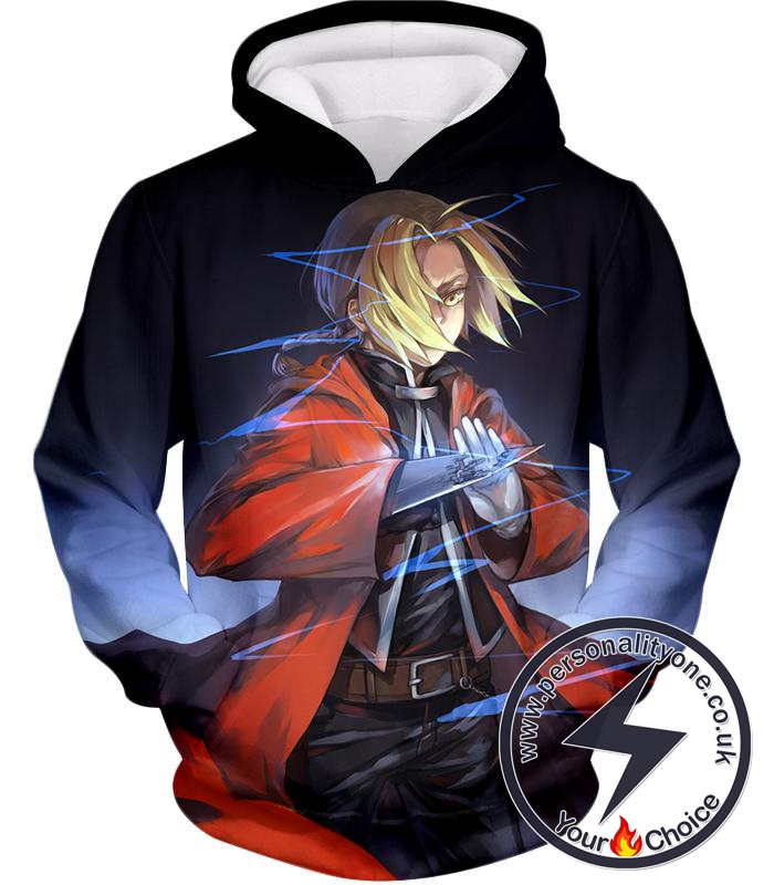 Fullmetal Alchemist Edward Elrich Best State Alchemist Cool Alchemy Action Pose Black Hoodie