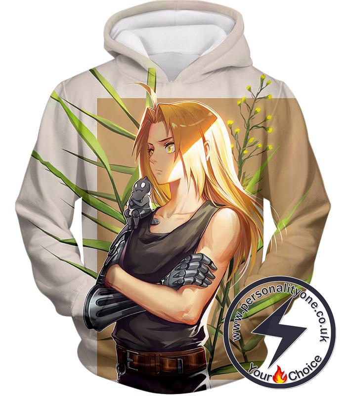 Fullmetal Alchemist Long Blonde Haired Anime Hero Edward Elrich Cool Pose Grey Hoodie