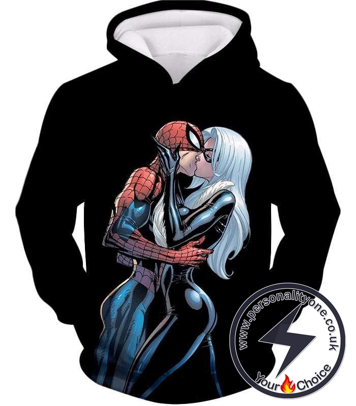 Hot Spiderman Black Cat Kiss Action Black Hoodie