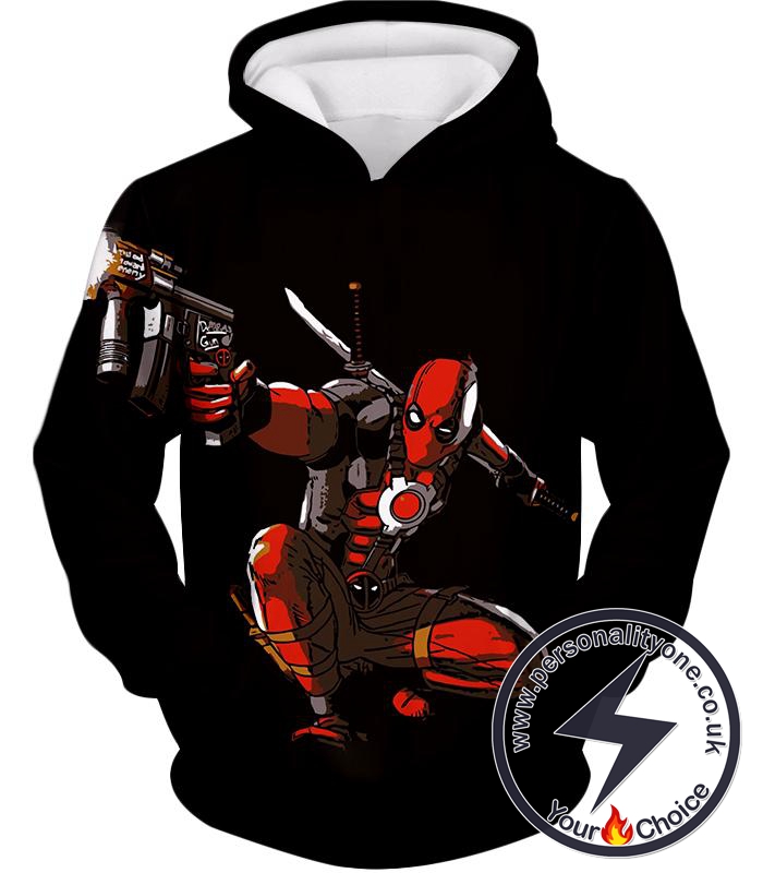 Marvel Comic Hero Red Masked Deadpool Action Black Hoodie