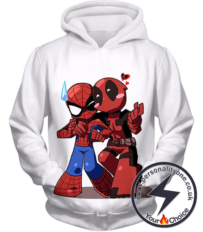 Marvel Heroes Deadpool and Spiderman Funny Figures White Hoodie