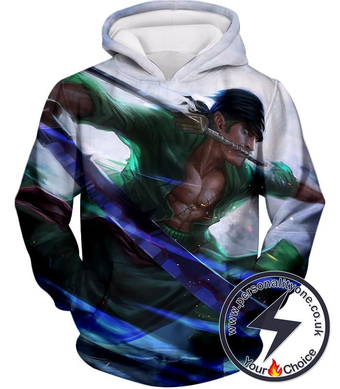 One Piece Awesome Swordsman Roronoa Zoro Action White Hoodie