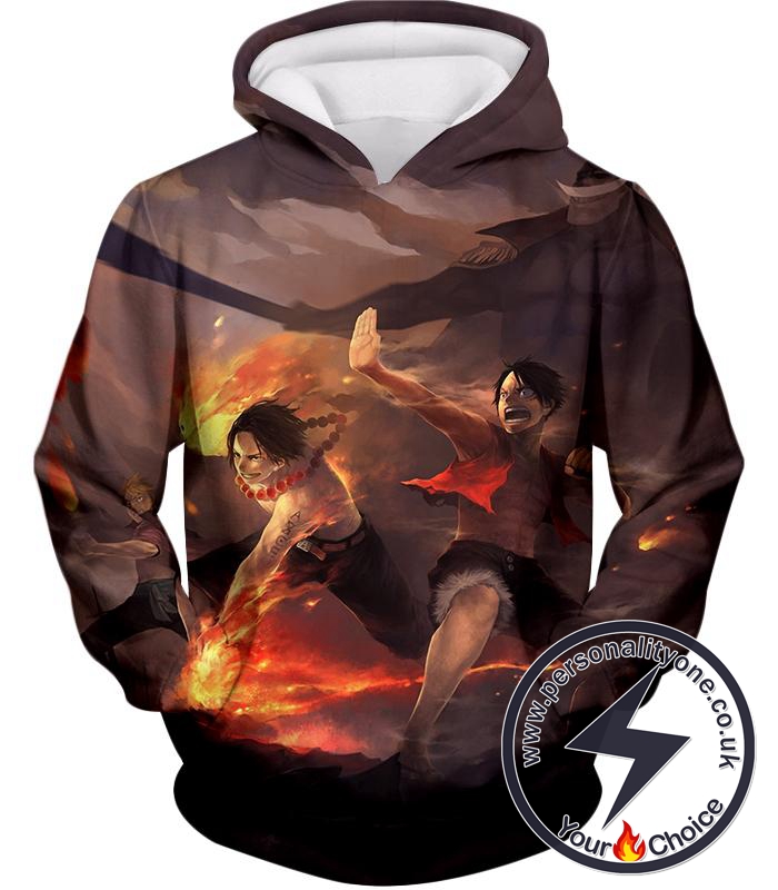 One Piece Powerful Brothers Bond Luffy and Ace Cool Battle Action Hoodie