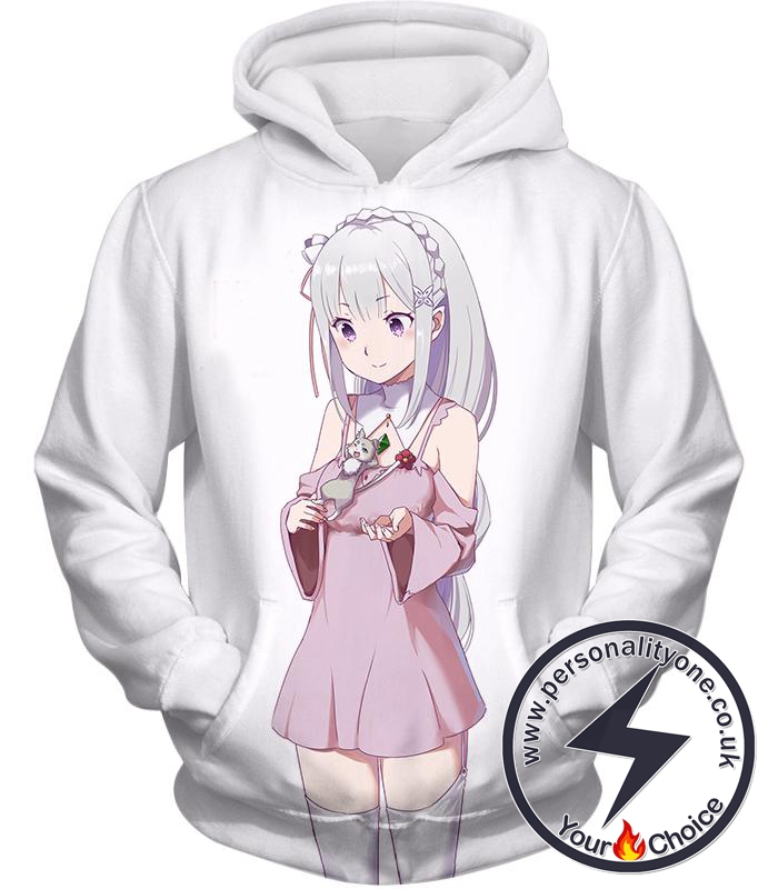 Re:Zero Anime Girl Princess Emilia Cute White Hoodie