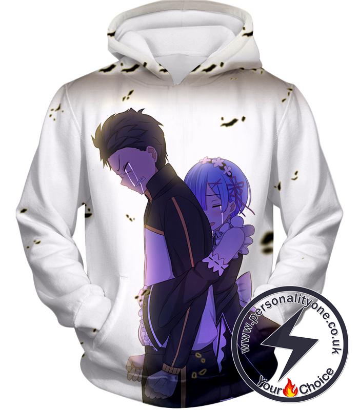 Re:Zero Cute Anime Friends Rem and Subaru Cool White Hoodie
