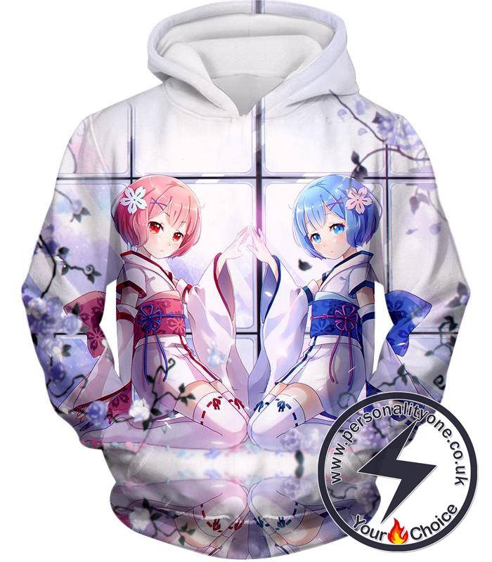Re:Zero Cute Anime Girl Twins Rem and Ram White Hoodie