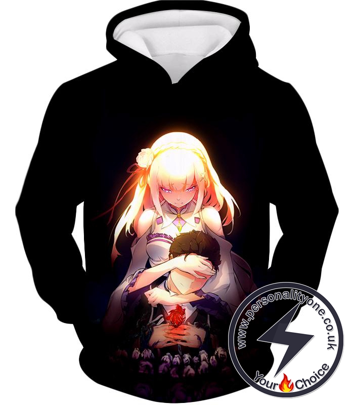 Re:Zero Cute Couple Emilia and Subaru Cool Black Hoodie