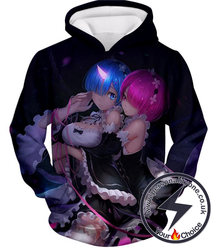 Re:Zero Cute Twin Oni Sisters Ram and Rem Black Hoodie