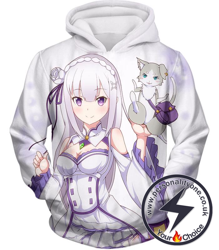 Re:Zero Princess Emilia and Familiar Puck White Hoodie