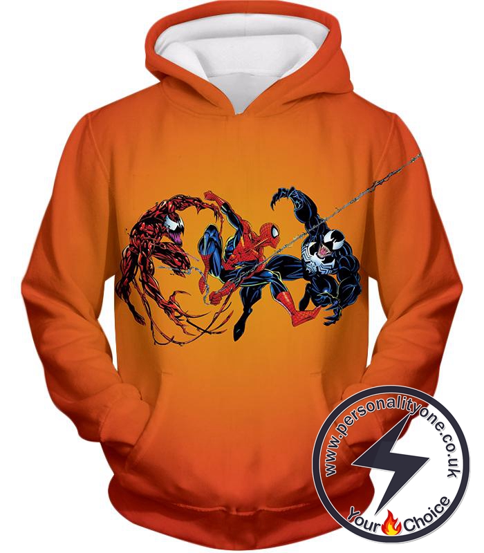 Spiderman x Carnage x Venom Cool Action Orange Hoodie