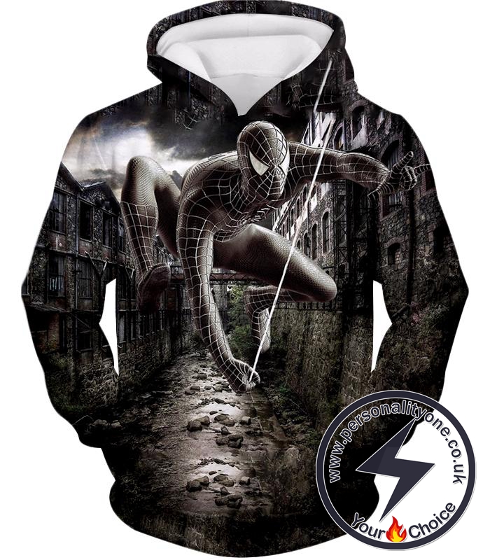 Super Cool Black Spiderman HD Printed Action Hoodie