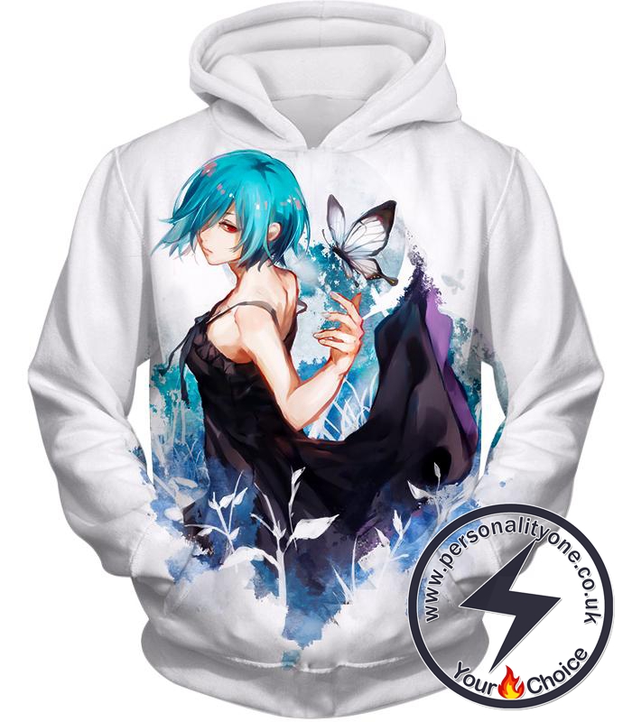 Tokyo Ghoul Beautiful Blue Haired Touka Kirishima Cool Promo White Hoodie