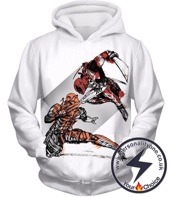 Ultimate Fan Art Deadpool vs Deathstroke Cool Action White Hoodie