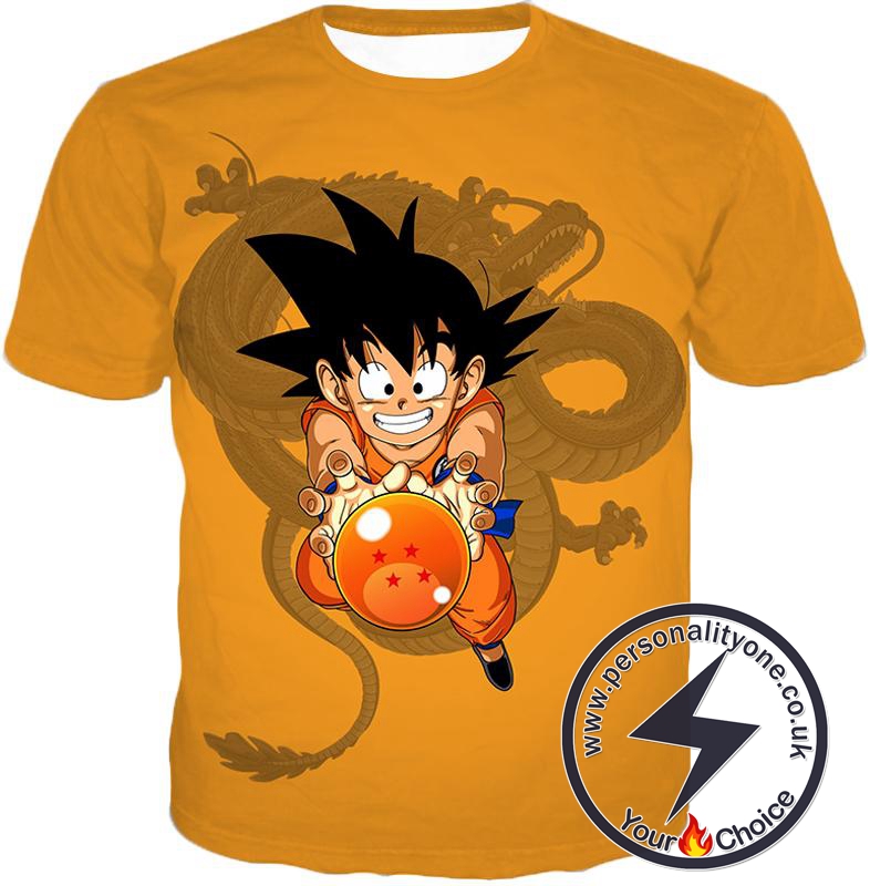 Dragon Ball Super Cute Kid Goku with Four Star Dragon Ball Cool Orange Anime T-Shirt