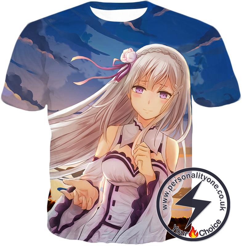 Re:Zero Lovely Silver Haired Anime Girl Emilia Cute Action T-Shirt