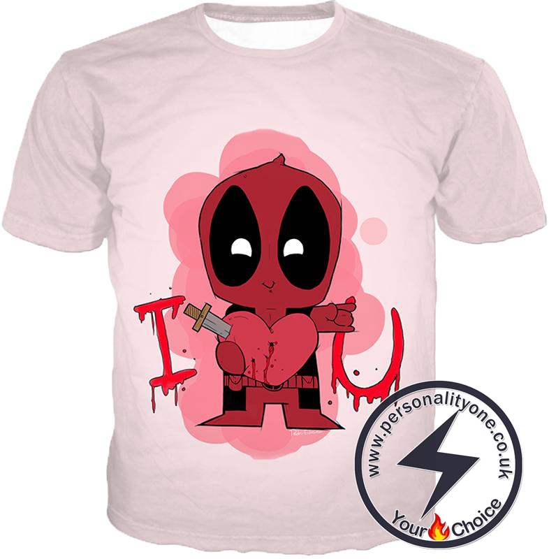 Super Cool Deadpool I Heart U Comical Cute Pink T-Shirt