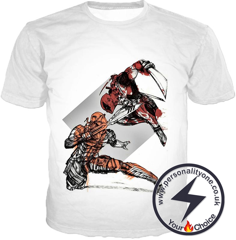 Ultimate Fan Art Deadpool vs Deathstroke Cool Action White T-Shirt